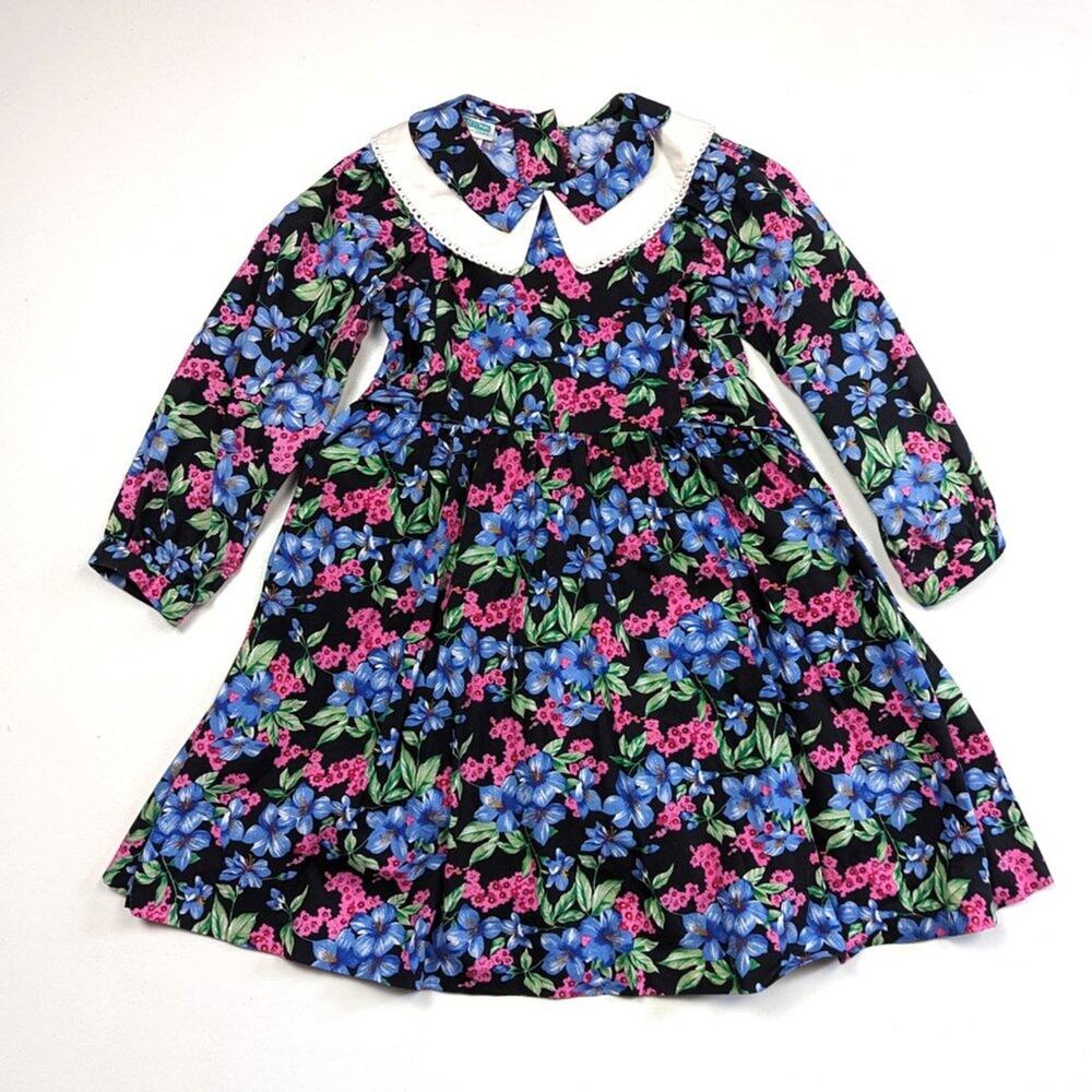 Vintage Biobottoms Dress Girls Size 5 Black Floral Long Sleeve